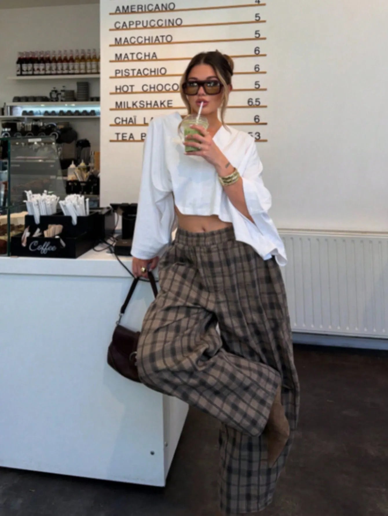 Plaid Elastic Waist Wide Leg Casual Pants