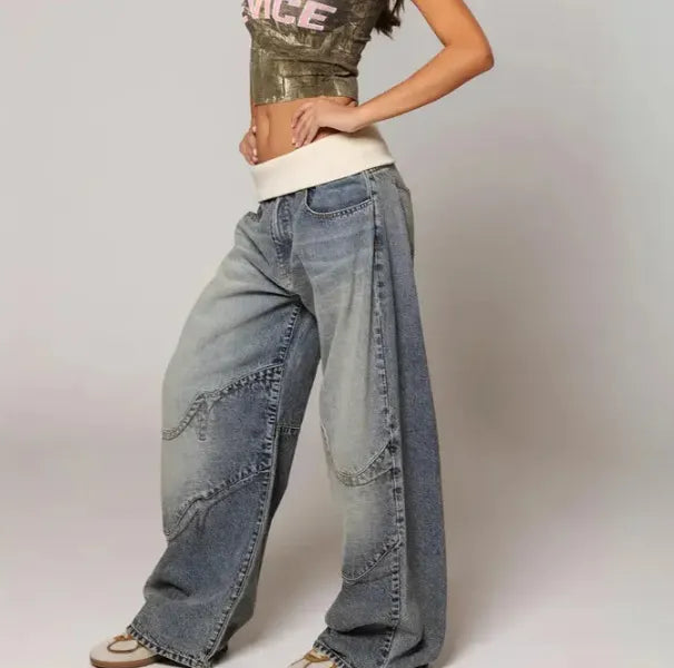 Curved Stitch Patchwork Baggy Washed Jeans