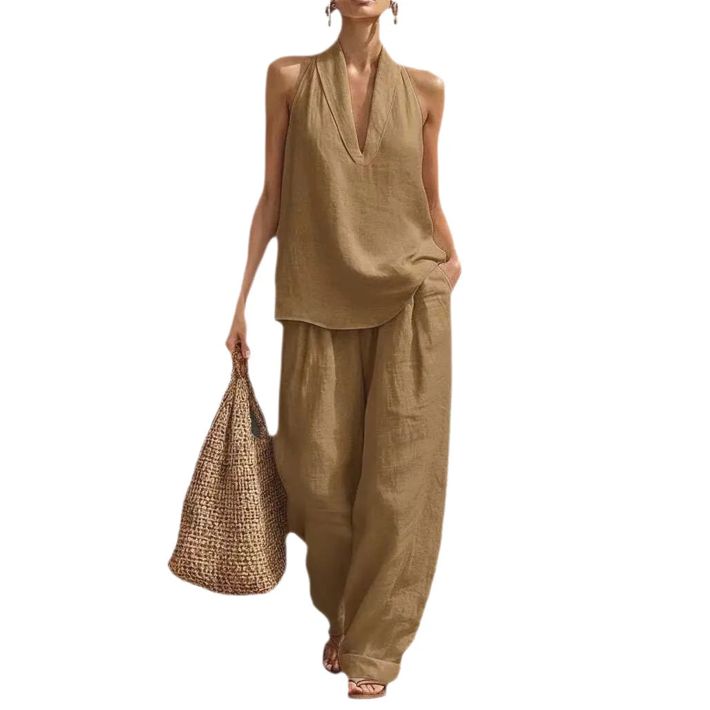 Sleeveless Loose Tunic Top Cuffed Wide Leg Pocket Pants