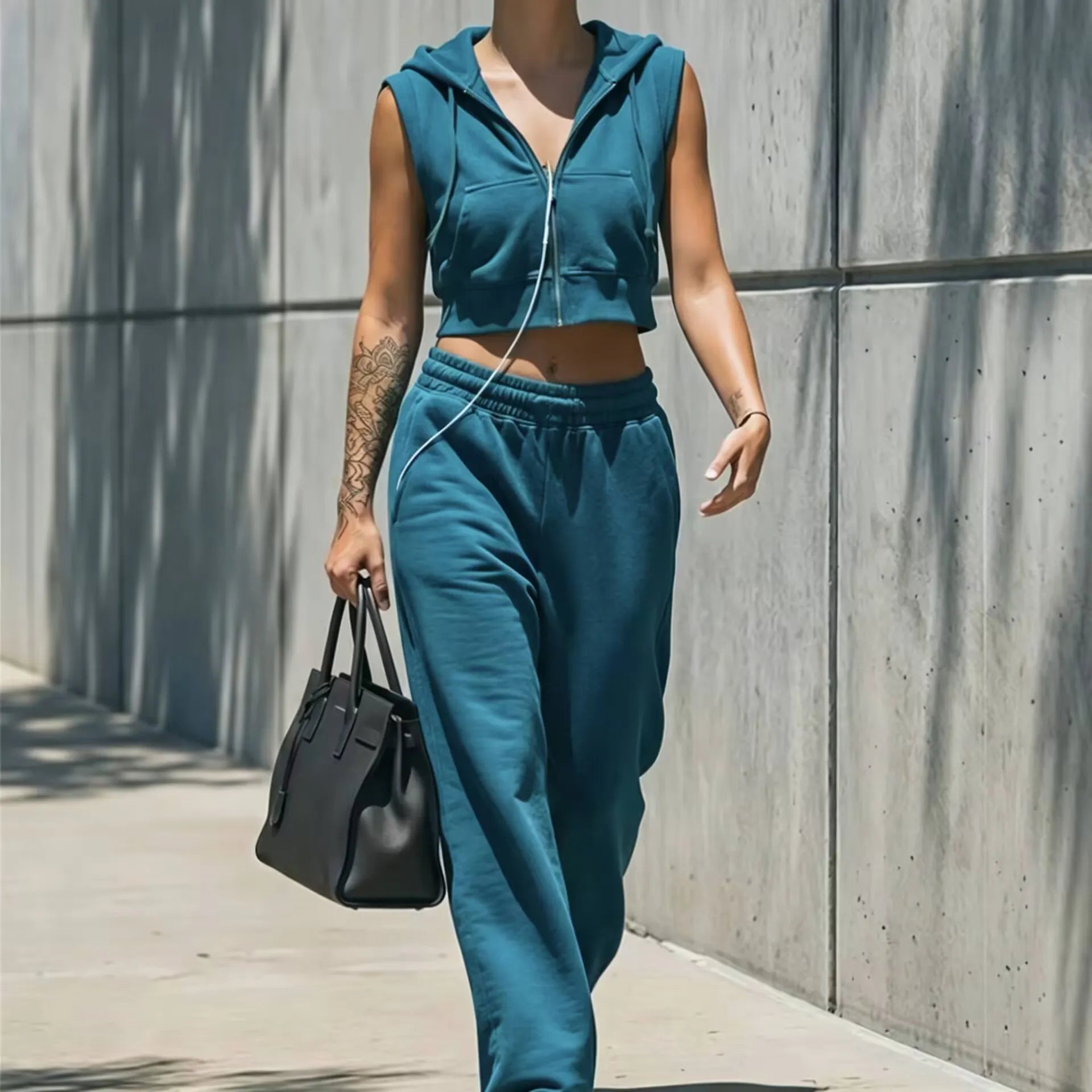Sleeveless Zip Front Knit Vest & Elastic Waist Pants