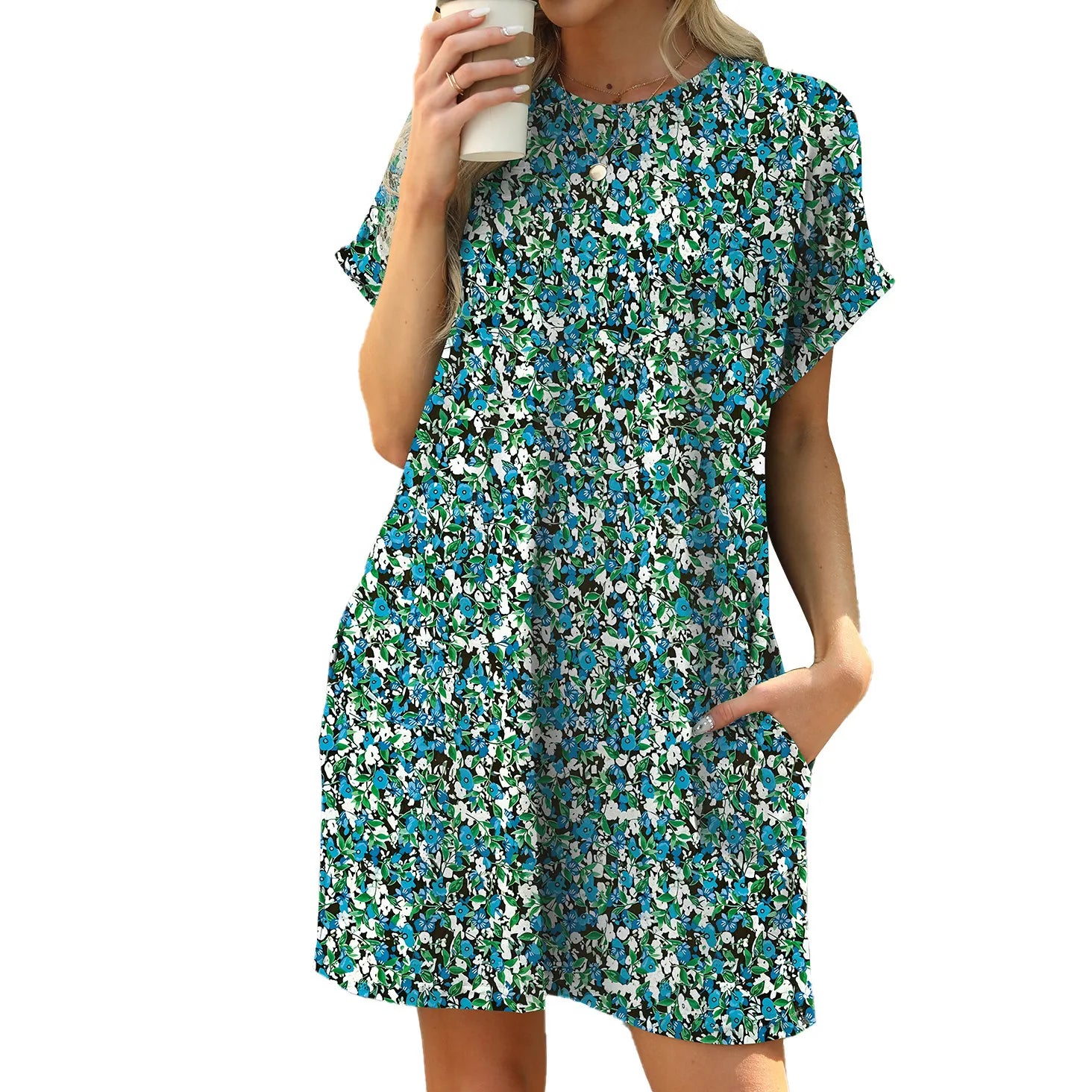 Round Neck Floral Print Loose A-Line Mini Dress With Side Pockets Casual Campus Daily Commuter Dress