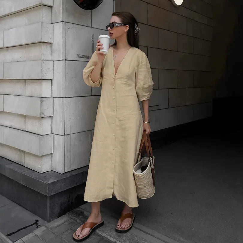 Solid V-Neck Bubble 3/4 Sleeve Single Breasted Back Tie A-Line Cotton Linen Maxi Dress