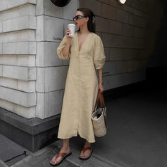 Solid V-Neck Bubble 3/4 Sleeve Single Breasted Back Tie A-Line Cotton Linen Maxi Dress