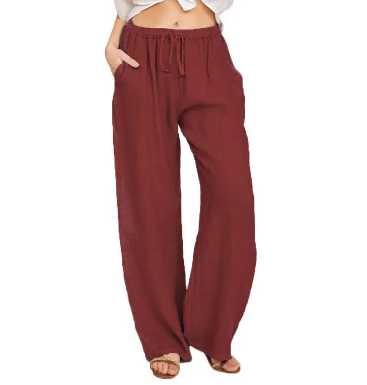 Lazy Day Outfit Blue Linen Drawstring High Waist Wide Leg Palazzo Pants