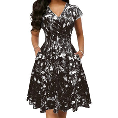 Round Neck Floral Print High Waist Flare Midi Dress