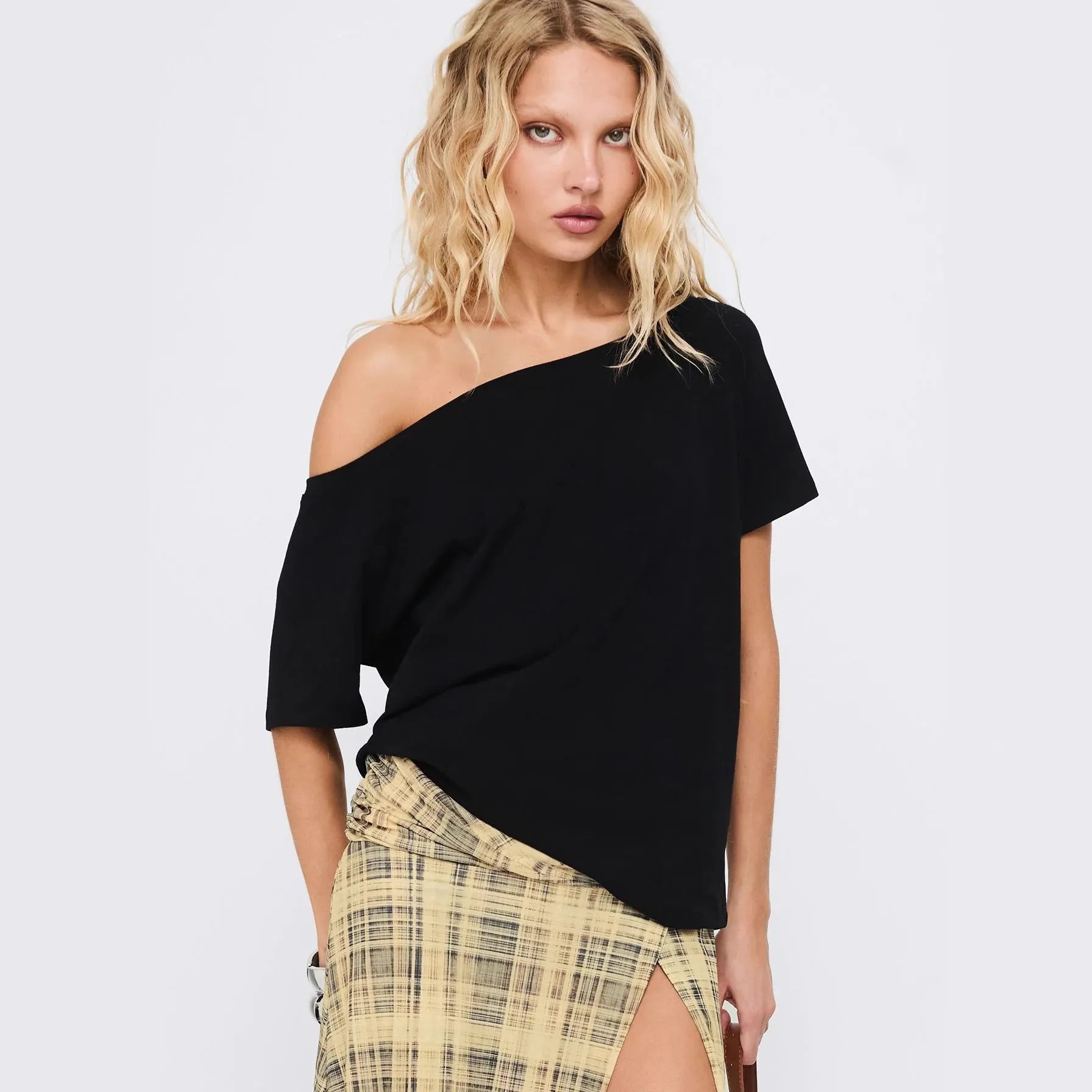 One Shoulder Short Sleeve Open Knit Sweater Top