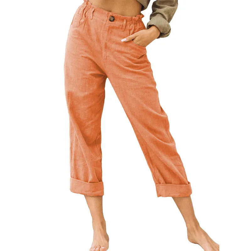 Linen Blend Rolled Cuff Cropped Pants