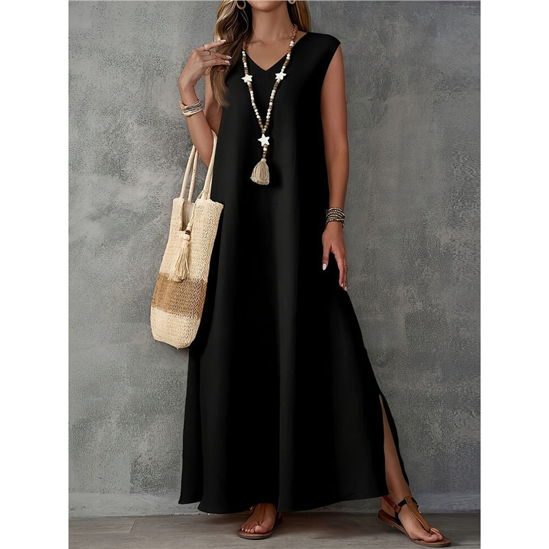 Solid V Neck Sleeveless Side Split Loose Maxi Dress