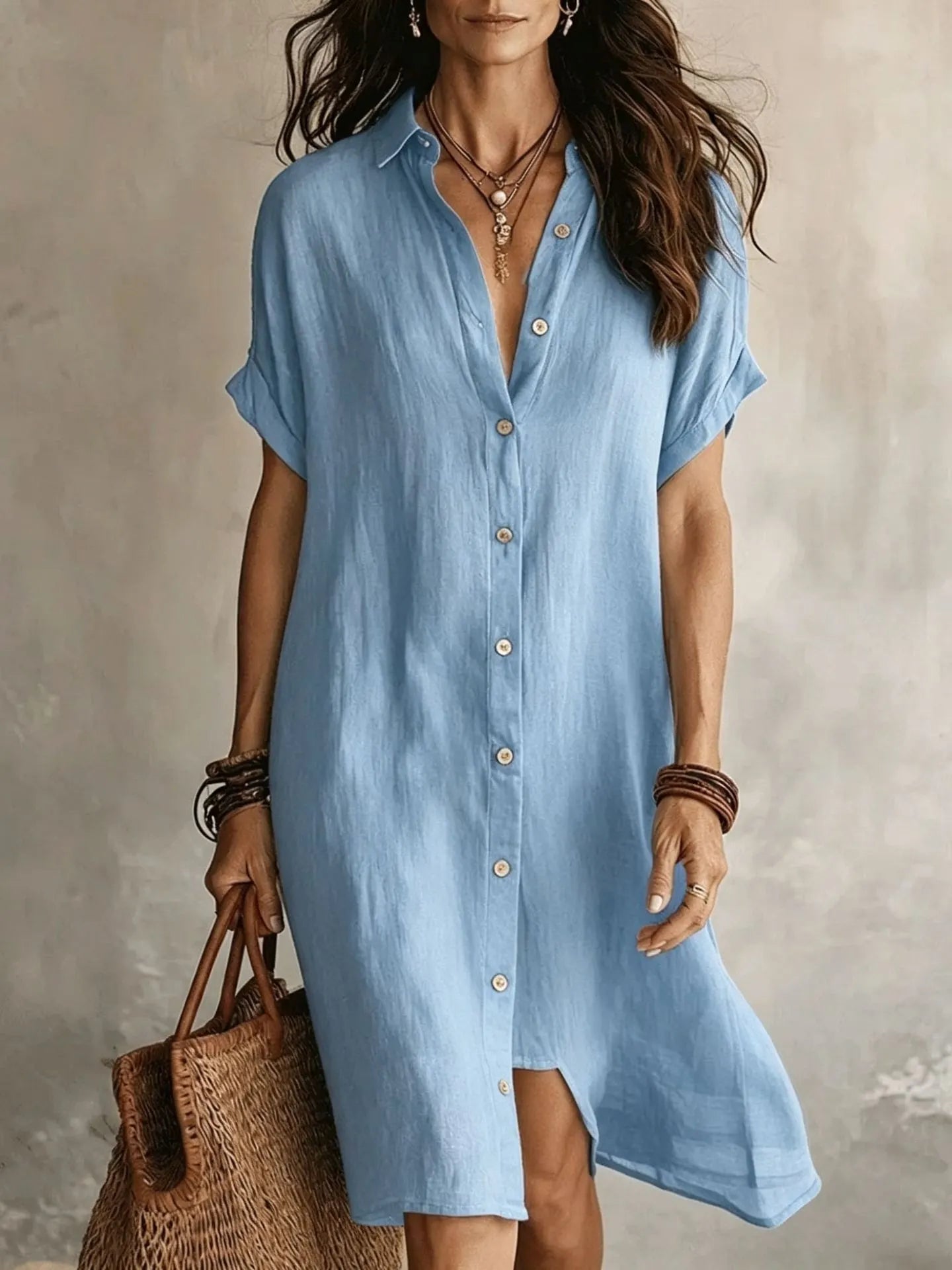 Lapel Short Sleeve Single Breasted Loose Cotton Linen Shirt Midi Dress