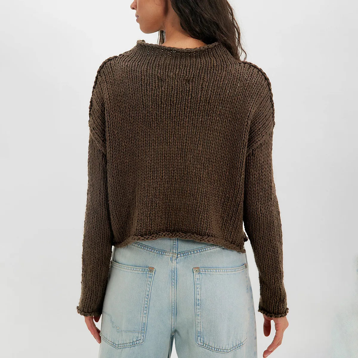 Thick Hand Knit Textured Sweater Crew Neck Long Sleeve Cropped Oversized Top