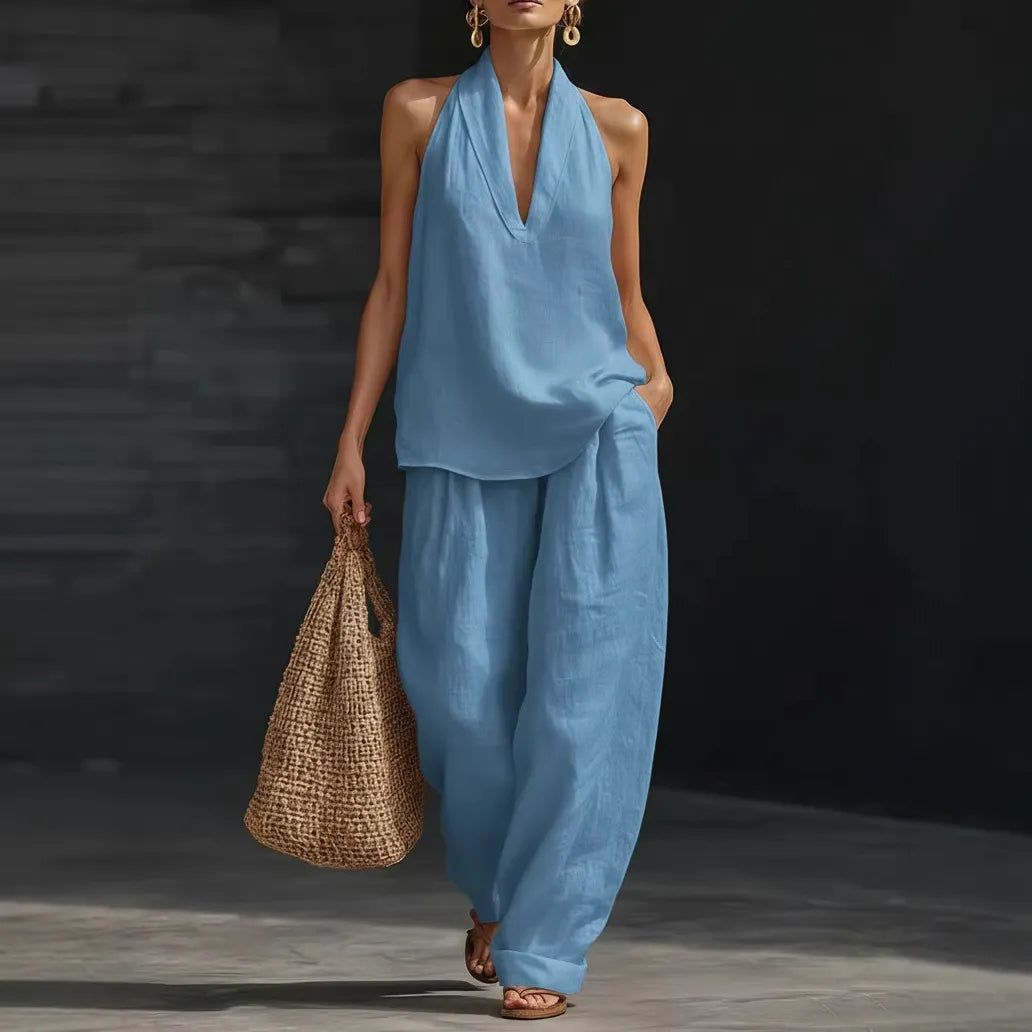 Halter Sleeveless Top & Wide Leg Pants Two Piece Casual Set
