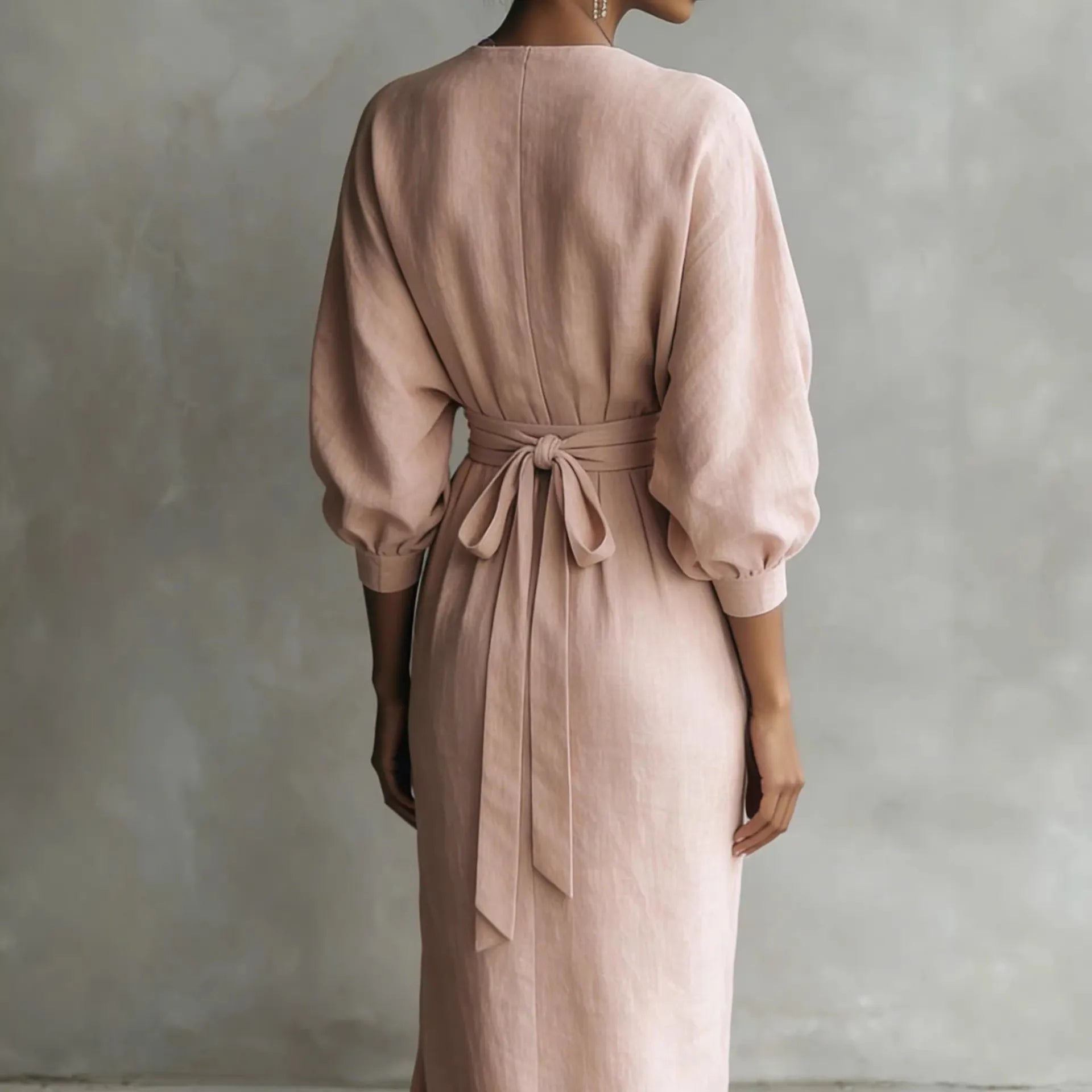 Wrap V Neck Long Sleeve Tie Waist Linen Maxi Dress