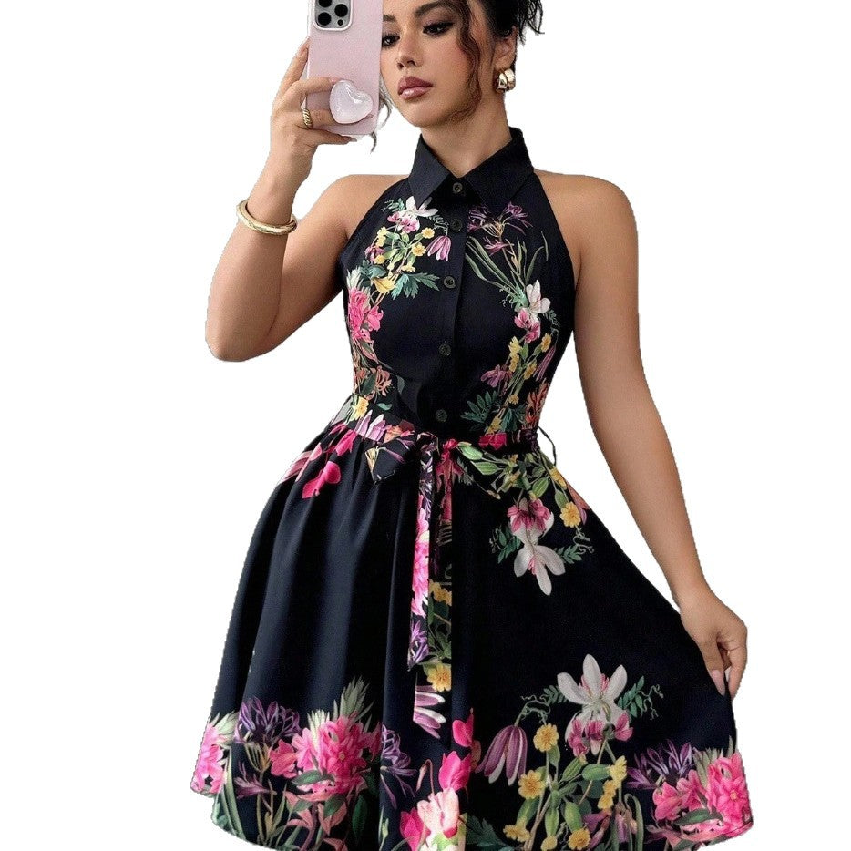 Black Floral Halter Neck A-Line Midi Dress