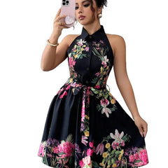 Black Floral Halter Neck A-Line Midi Dress