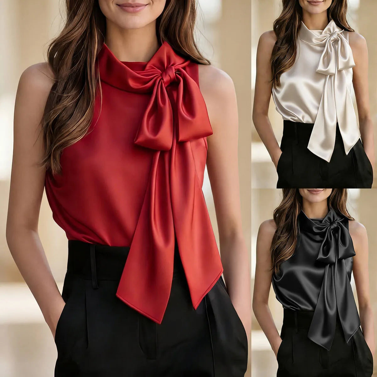 Satin Halter Bow Sleeveless Blouse