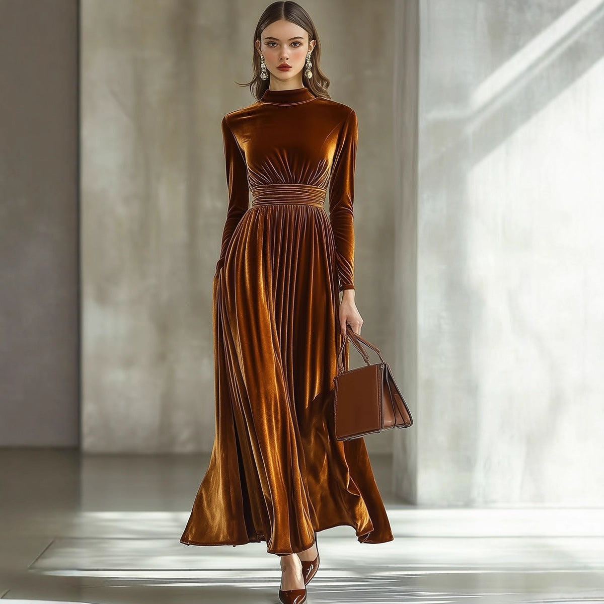 Velvet High Neck Ruched Waist Long Sleeve Maxi Dress Elegant Formal Evening Gown