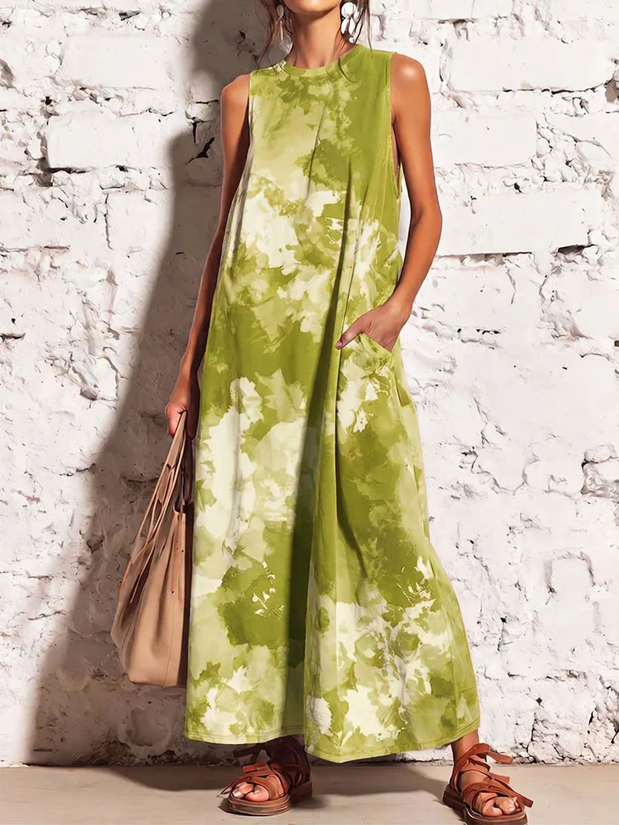 Blue Tie-Dye Sleeveless Loose Maxi Dress