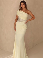 Solid One Shoulder Ruched Lace Panel High Waist Mermaid Maxi Dress