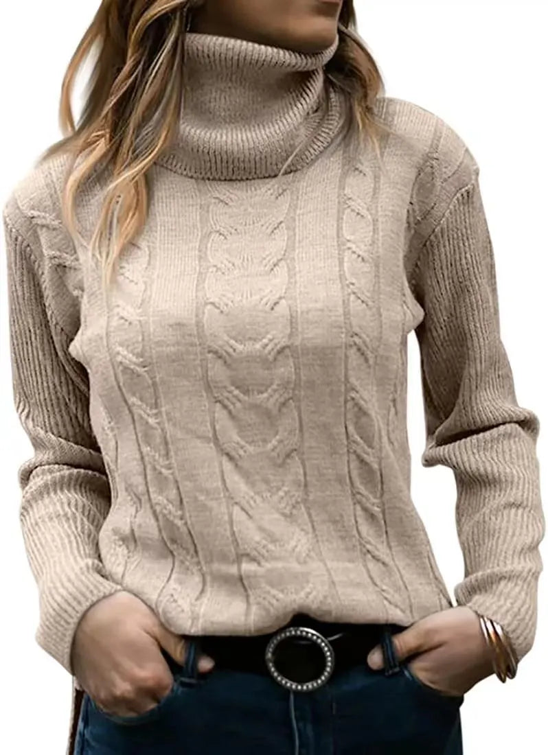 Thick Cable Knit Turtleneck Sweater, Classic Warm Long Sleeve Winter Jumper