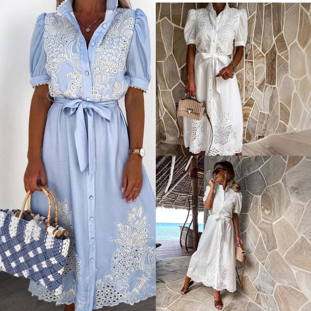 Eyelet Embroidered Button Down Midi Dress