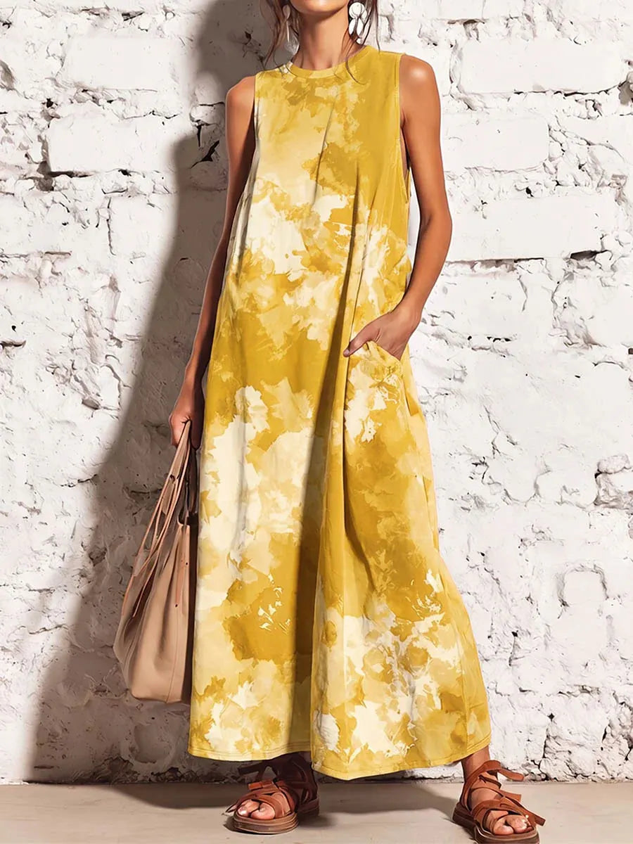 Blue Tie-Dye Sleeveless Loose Maxi Dress