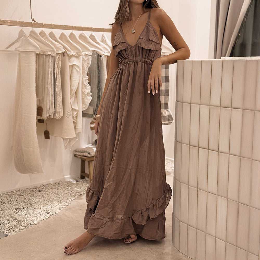 Brown Ruffle Deep V-Neck Spaghetti Strap Maxi Dress