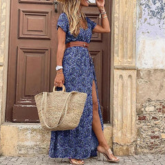 Wrap V Neck Short Sleeve Floral Print Maxi Dress