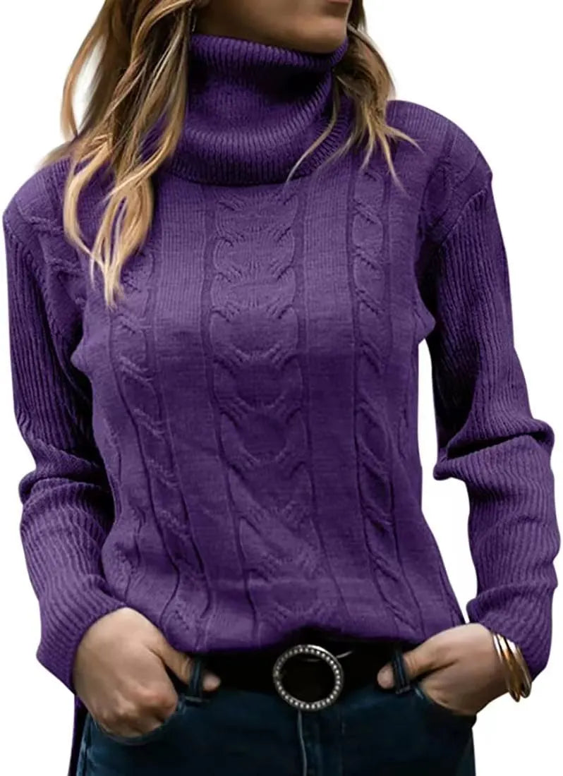Thick Cable Knit Turtleneck Sweater, Classic Warm Long Sleeve Winter Jumper