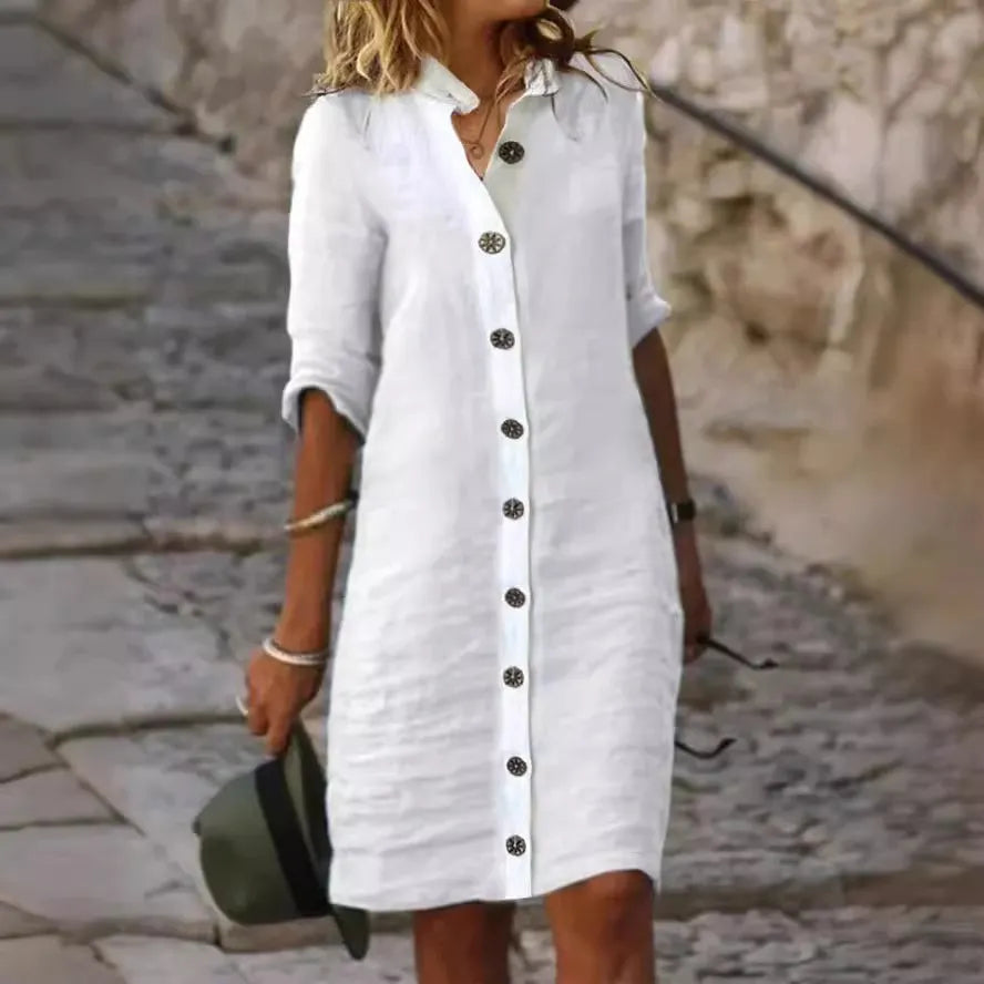 Collared Button Down Linen Midi Shirt Dress