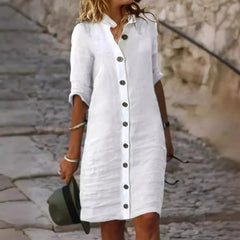 Collared Button Down Linen Midi Shirt Dress