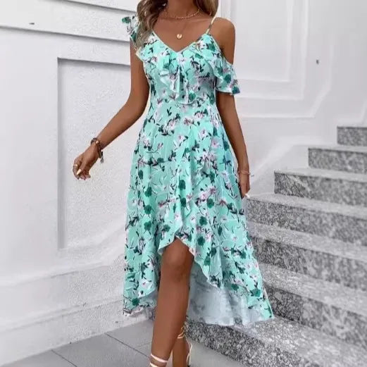 Floral Print V-Neck Cold Shoulder Ruffle Hem High Waist Maxi Dress