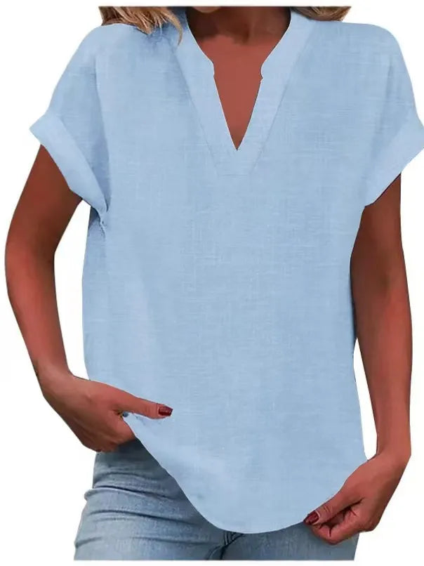 Notched V Neck Cuffed Short Sleeve Loose Cotton Linen Blouse