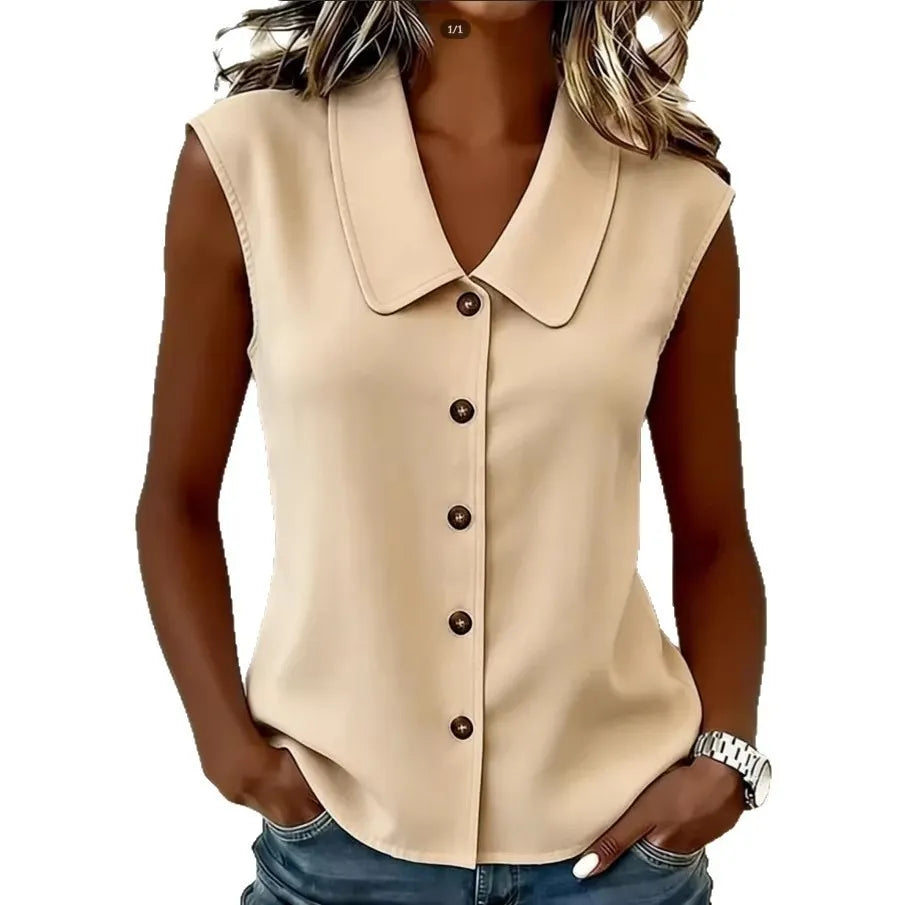 Solid Color Sleeveless V-Neck Button Down Blouse