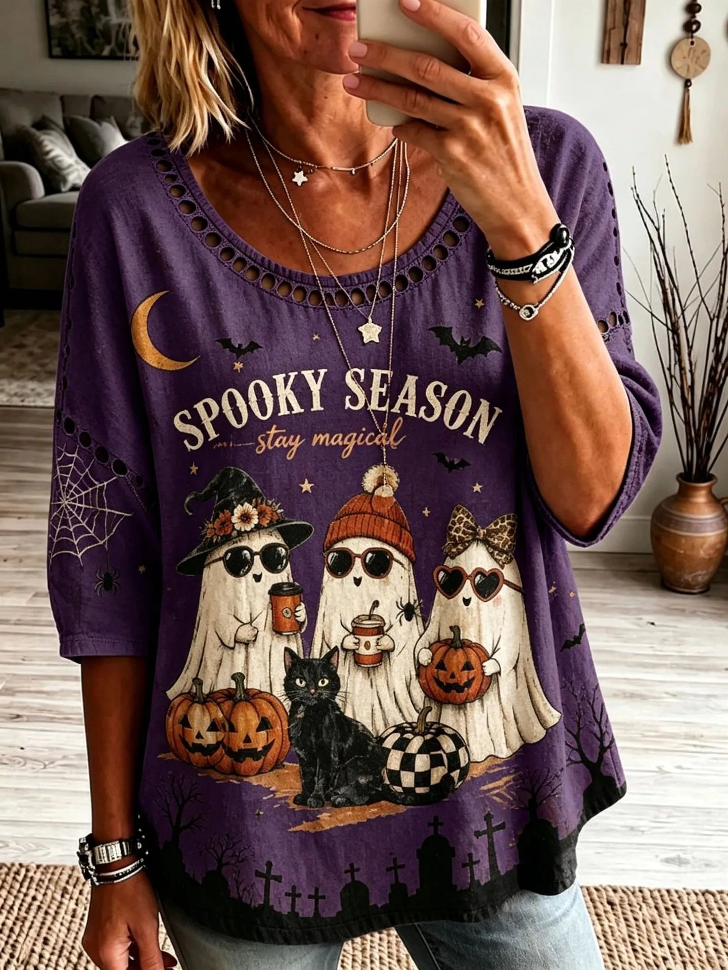 Halloween Spooky Season Ghost Pumpkin Print Crew Neck Short Sleeve T‑Shirt