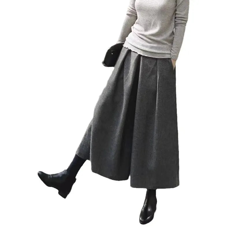 High Waist Cropped Wide Leg Wool Blend Pants