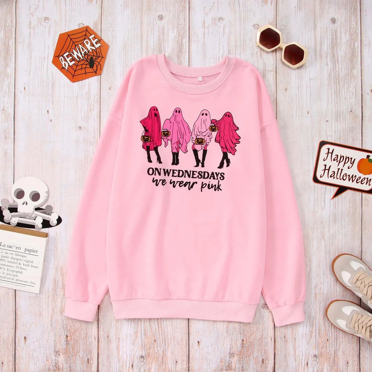Halloween Pink Ghost On Wednesdays We Wear Pink Print Crew Neck Sweatshirt