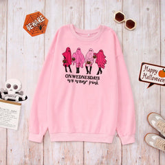 Halloween Pink Ghost On Wednesdays We Wear Pink Print Crew Neck Sweatshirt
