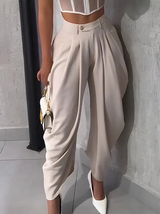 High Waist Pleated Draped Irregular Wide Leg Suit Pants