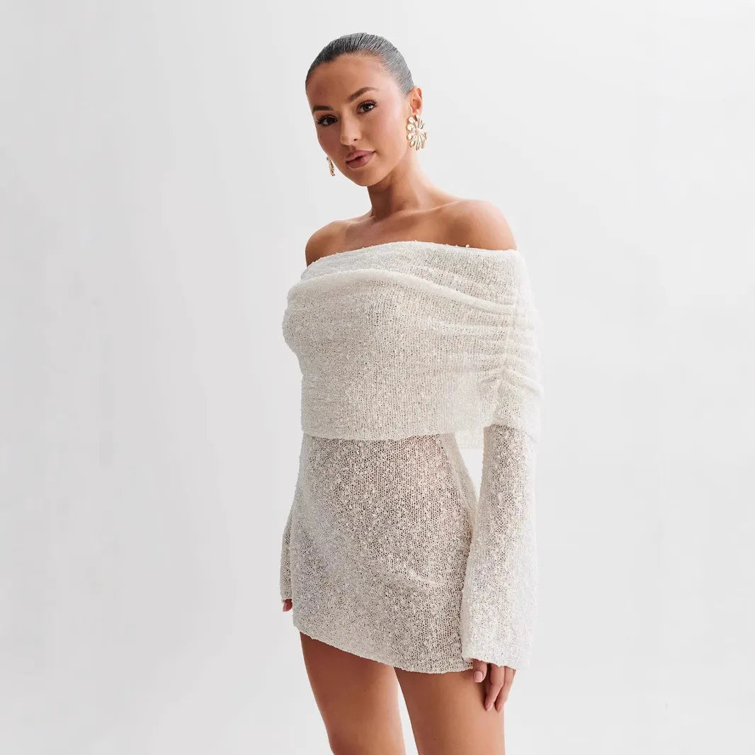 Blue Off-Shoulder Foldover Neck Mini Dress - Bell Sleeve Knit Bodycon Dress
