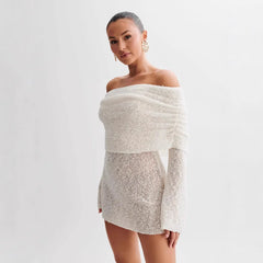 Blue Off-Shoulder Foldover Neck Mini Dress - Bell Sleeve Knit Bodycon Dress