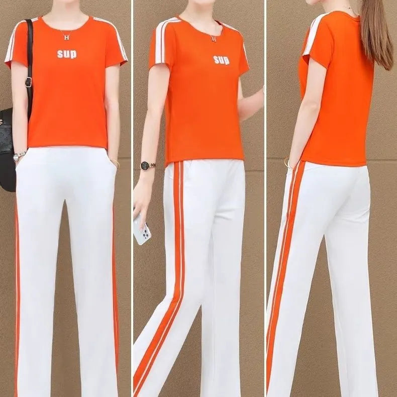 Printed Short-Sleeve Top & Striped Wide-Leg Pants Two-Piece Sports Set