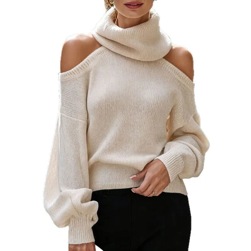 Cream Cold Shoulder Turtleneck Sweater Loose Fit Long Balloon Sleeve Knit Jumper for Fall Winter
