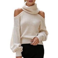 Cream Cold Shoulder Turtleneck Sweater Loose Fit Long Balloon Sleeve Knit Jumper for Fall Winter