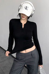 Buttons Neck Long Sleeve Top Tee