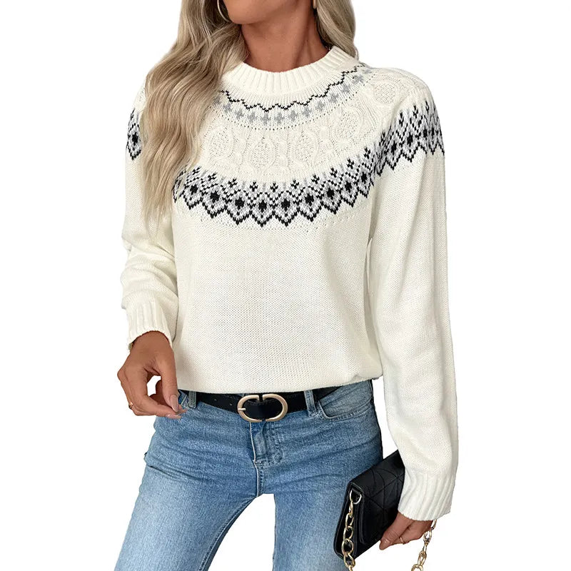 Fair Isle Pattern Crew Neck Sweater - Long Sleeve Casual Knit Pullover