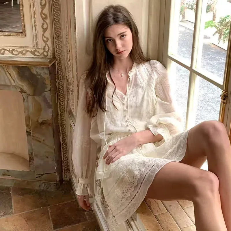 Lace Embroidery Princess Sleeve Loose Mini Dress