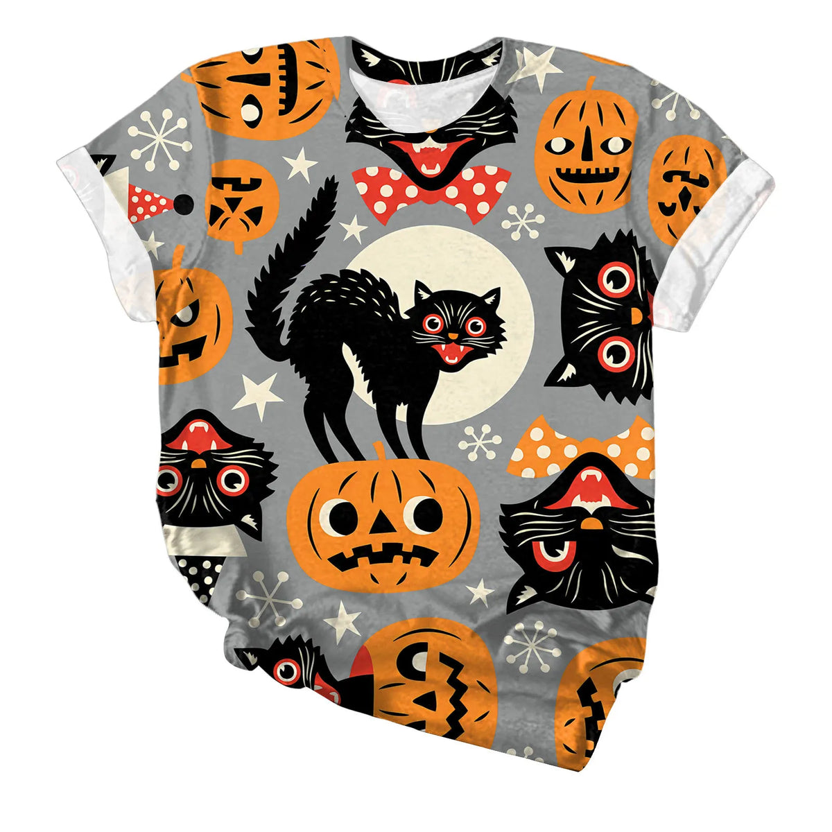 Halloween Black Cat Pumpkin Print Crew Neck Short Sleeve T‑Shirt