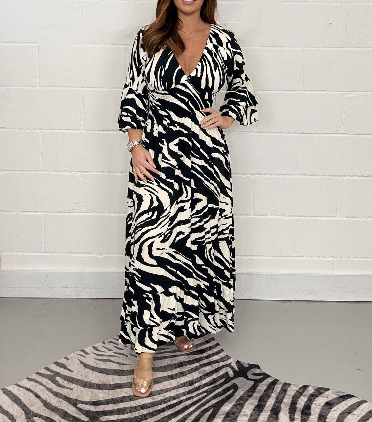 Abstract Print V-Neck Long Sleeve Maxi Dress
