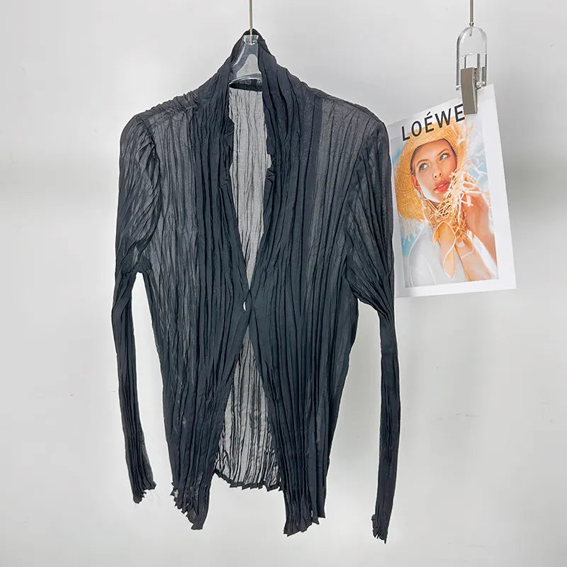 Semi Open Collar One Button Crinkled Pleated Loose Long Sleeve Shirt