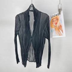 Semi Open Collar One Button Crinkled Pleated Loose Long Sleeve Shirt